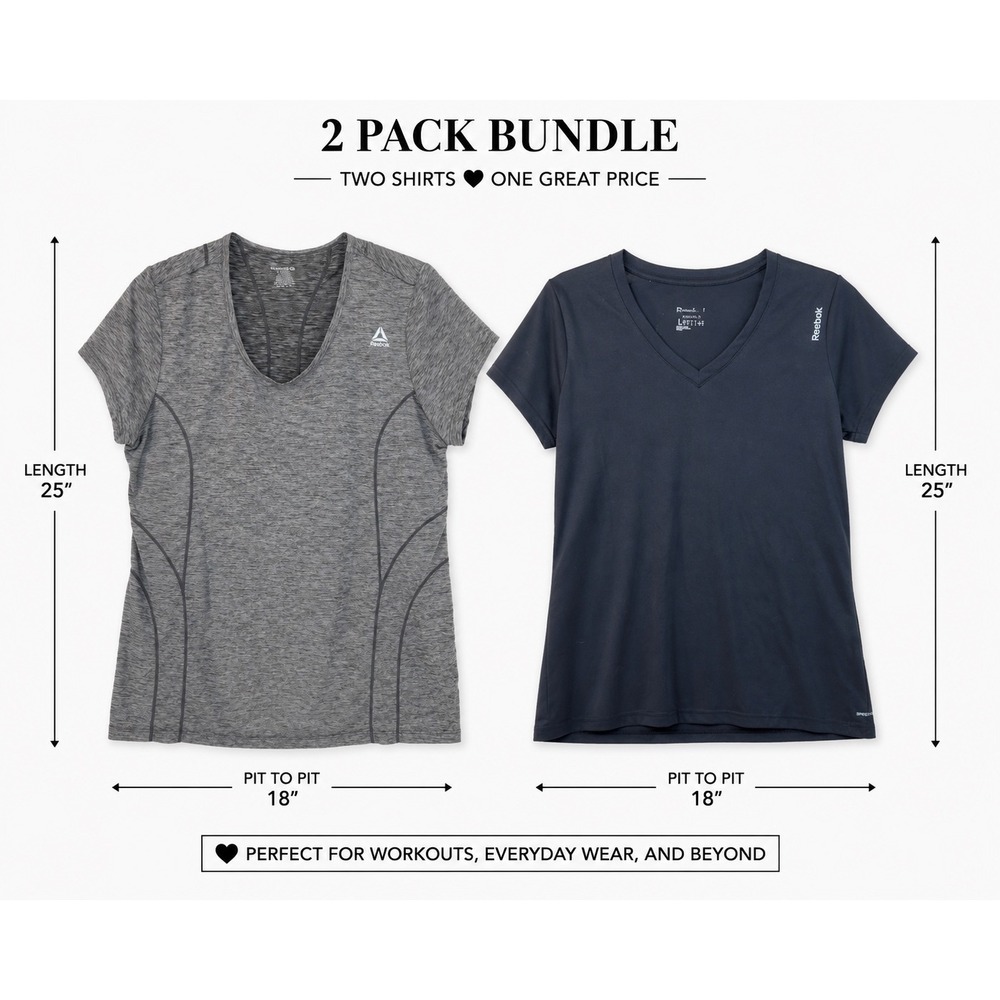 Reebok Womens V-Neck Activewear Shirts Bundle Grey Heather Black Speedwick L 2PK